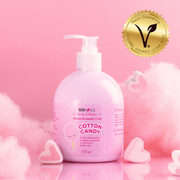 Crema de manos y pies hidratante Cotton Candy en envase rosa con premio V-Label Awards Latam 2025.